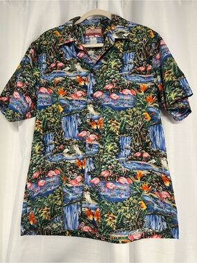 RJC Hawaiian Shirt Mens L Flamingo Parrot Waterfall Made in Hawaii USA Aloha